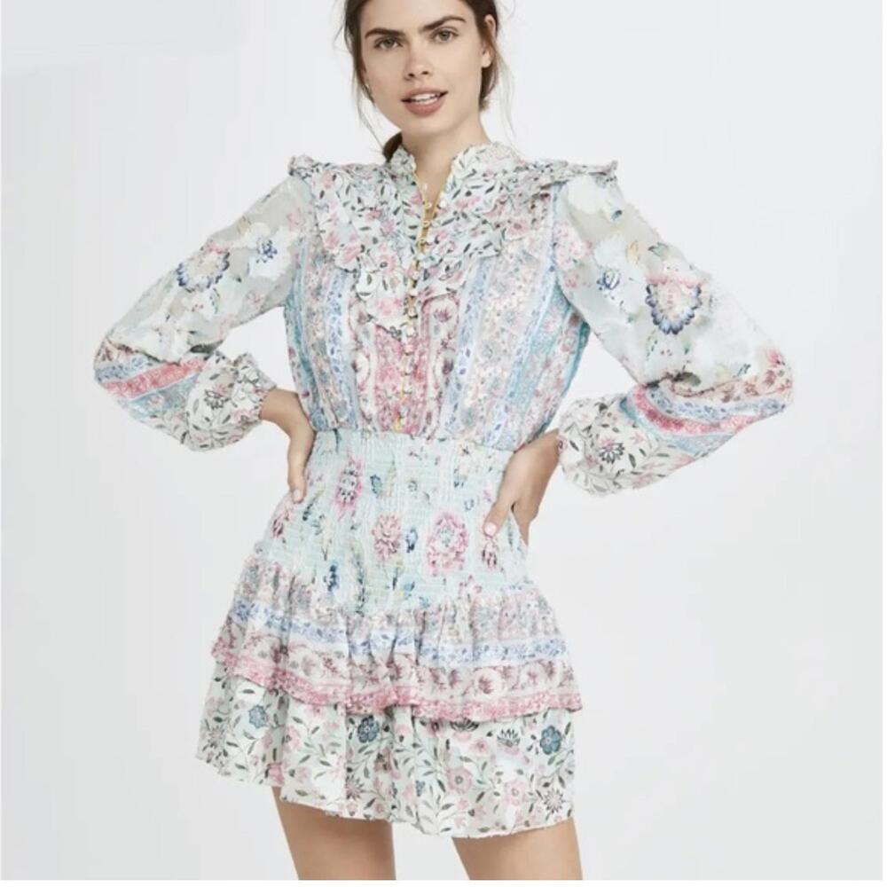 Hemant & Nandita Floral Print Vacation Mini Dress with Pearl Collar Fairy Dress - Picture 1 of 7
